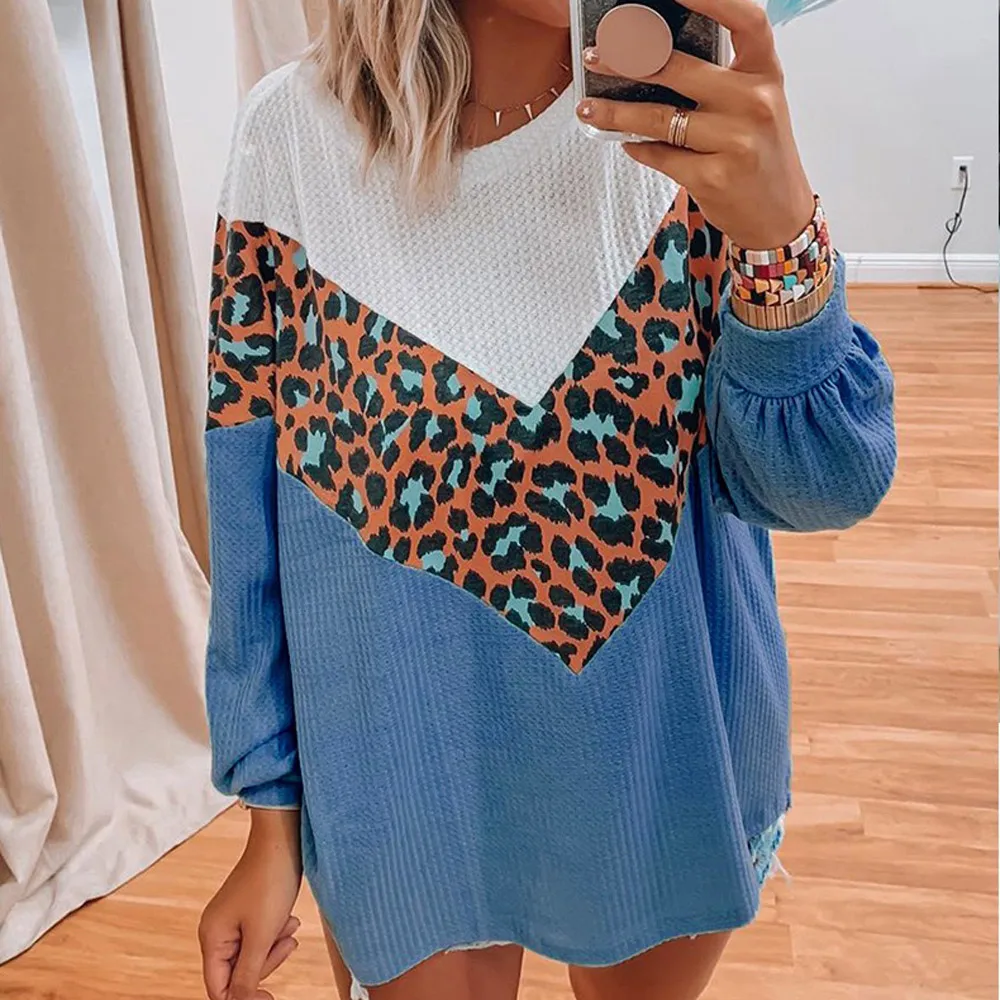 Осенний вязаный женский свитер с леопардовым принтом длинным рукавом Свободный