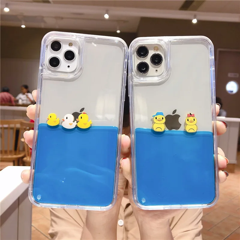 

Liquid Quicksand Duck Phone Case For IPhone 12 Pro Max 11 Xr Xs 7 8 Plus 12 Mini Ins 2021 Hot Cartoon Protection Silicone Cover