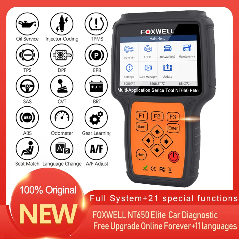 

FOXWELL NT650 Elite OBD2 Car Diagnostic Scanner Tools All System ABS SRS DPF Oil Reset Code Reader Diagnosis Tool Free Upgrade