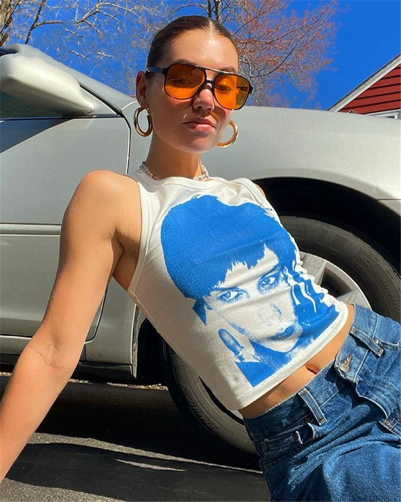 Майка женская с принтом в стиле Харадзюку укороченный облегающий Топ без рукавов