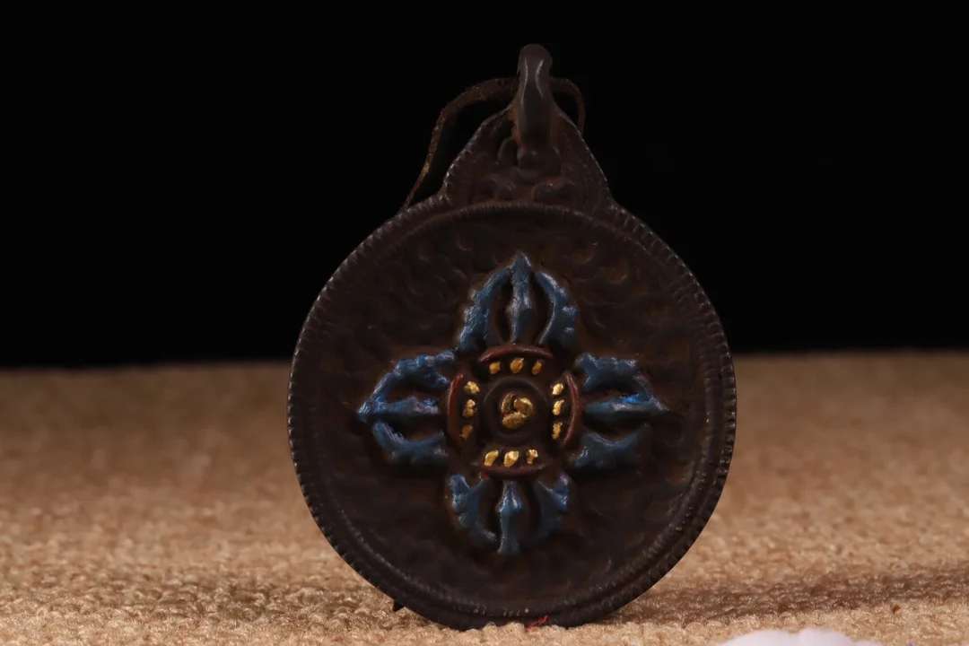 

3"Tibet Buddhism Old Bronze Painted Jiugong Bagua Amulet Cross instrument Pendant amulet Exorcism Ward off evil spirits