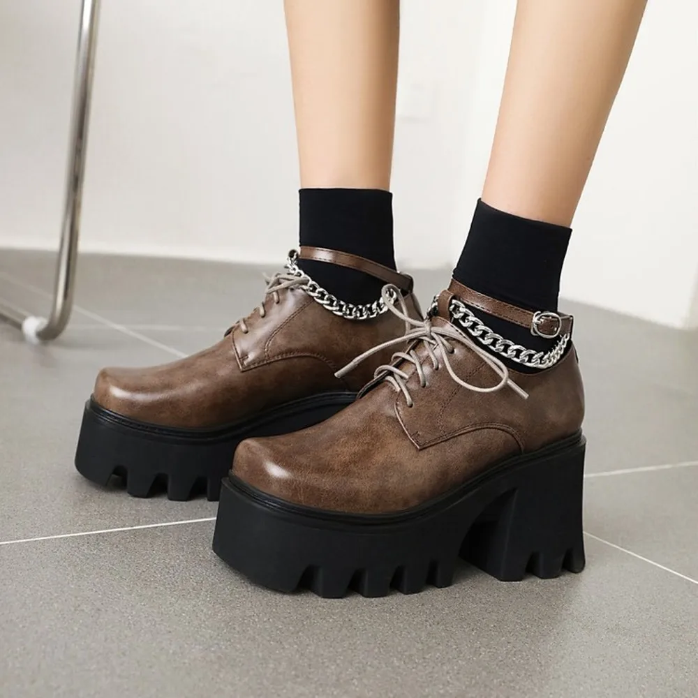 

OLOMLB Womens Metal Chain Lolita Gothic Punk Pumps Shoes Platform Chunky High Heel Creepers Japanese Harajuku Square Toe