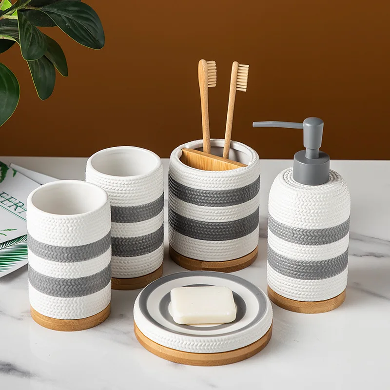 

Nordic Ceramic Bathroom Set Striped Pattern Household Bathroom Supplies Lotion Bottle Toothbrush Holder five-piece Wash Set