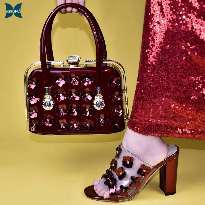 

2020 New Classic Style Party Women Pumps Super High Heels Italian Design Women Wedding Shoes and Bag Set in Wine Color