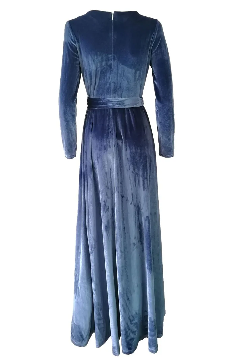 Бархатное винтажное платье с длинным рукавом женское О-образным вырезом и поясом