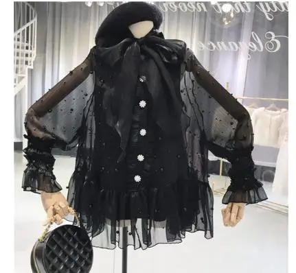 Женские шифоновые блузки с длинным рукавом свободные бусинами для работы весна