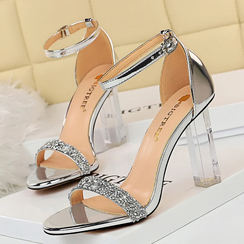 

comemore 2021 Summer Women Wedding Shoes 9.5cm High Heels Crystal Sandals Bling Silver Black Heels Suede Pumps Lady Plus Size 43
