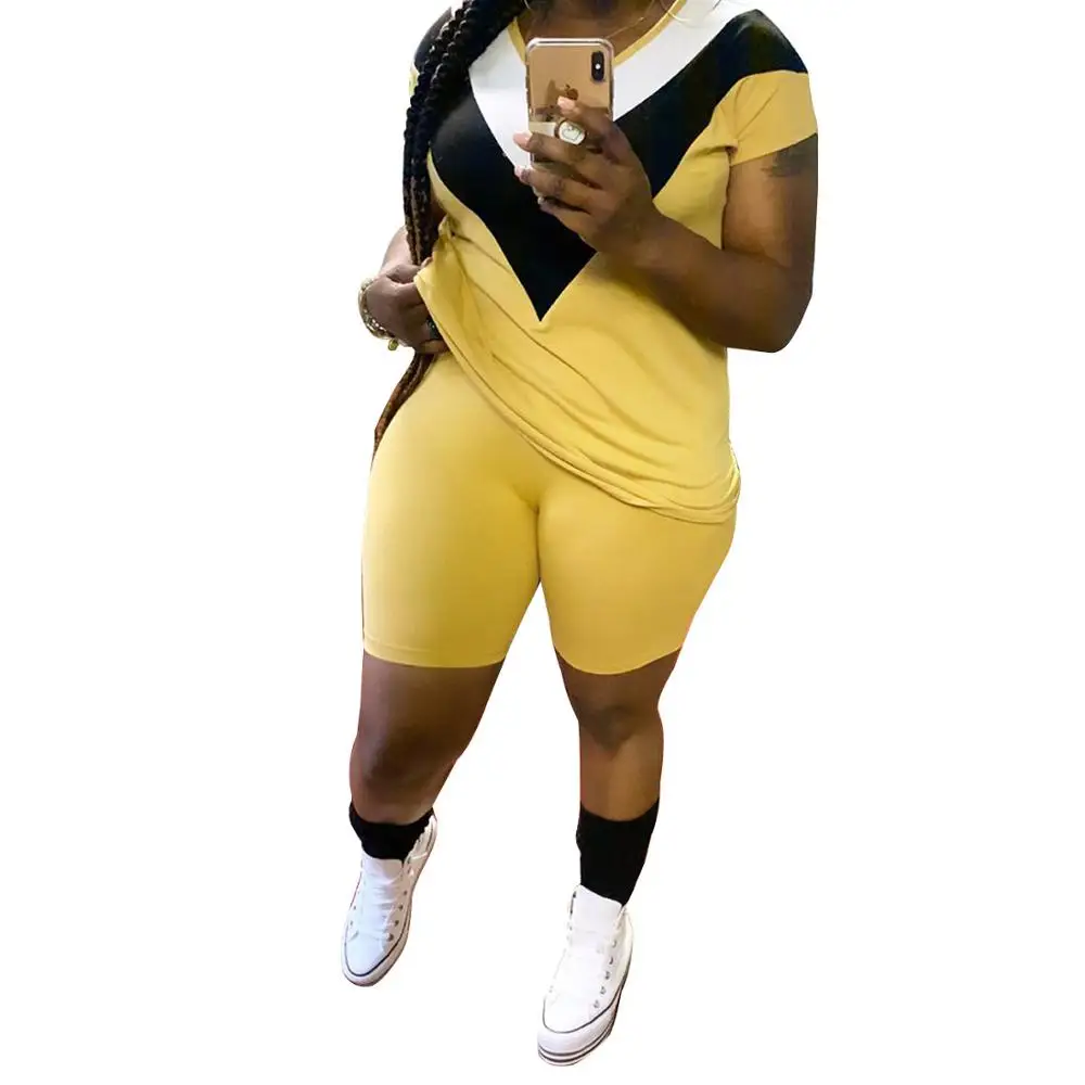 

Women Plus Size XL-5XL Patchwork V-neck T-shirt Shorts Jogger Suit Tracksuit Two Piece Matching Set Fitness Outfits