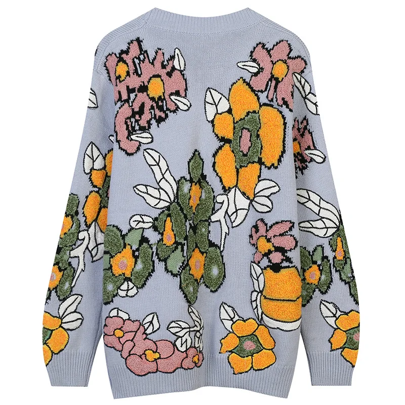 

She Beaty Runway Fashion Knitted Sweater Pullovers Women O-Neck Flowers Long Sleeve Casual Vintage Jumper Traf Tops Pull Clothes