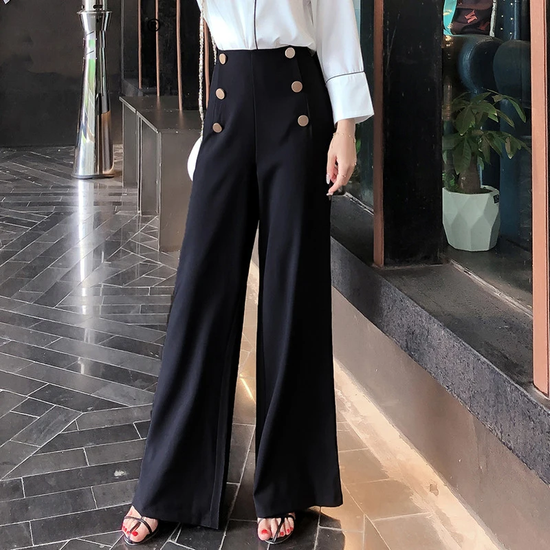 

OL Style Women's High Waist Wide Leg Pants Casual Loose Female Full Length Trousers With Double Gold Buckle Vintage Long Bottoms