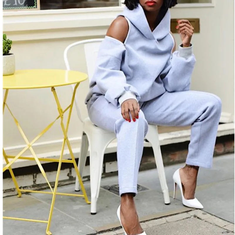 

Women Off Shoulder Zipper Hooded Luxesuit Casual Sportsuits Hoodies Panst Two Pieces
