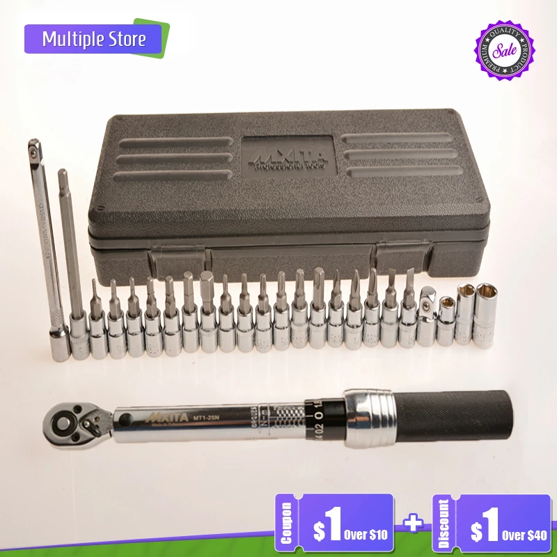 

Realmote 25/20/18 pcs/set 1 / 4 "1-25NM Professional Precision Adjustable Torque Wrench Bike Repair Spanner Hand Tool Set
