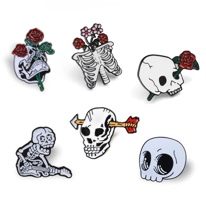 Роза цветы череп булавки креативный Панк Скелет любовник брошь готические