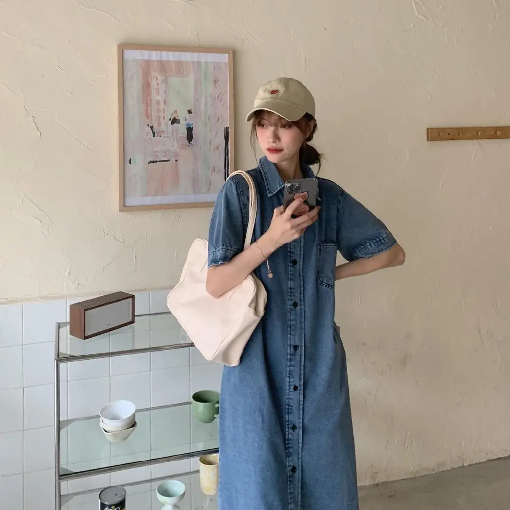 

Women Summer Short Sleeve Denim Shirt Dresses Single Breasted Casual Loose Mid-length Dress Elegant Korean Style Maxi Tee Vestir