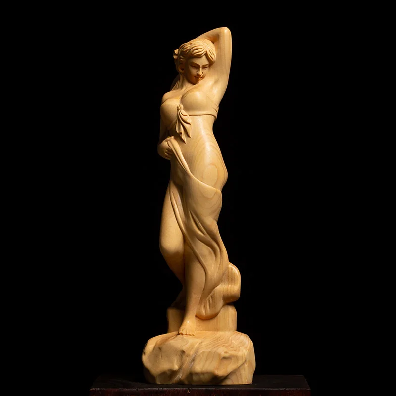 

XS099-14/21 CM Hand Carved Boxwood Carving Beauty Statue Home Decor -Sexy Beauty Sculpture Living Room Chinese Folk Craf