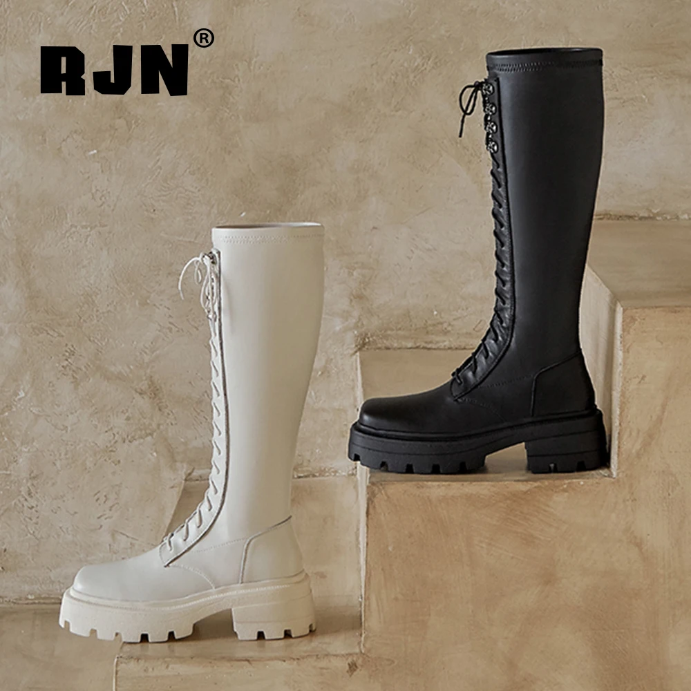 Online RJN Bergaya Musim Gugur Sepatu Bot Setinggi Lutut Square Yang Unik Toe Bernapas Kulit Sapi Lace-Up Wanita Sepatu Platform Boots RO323