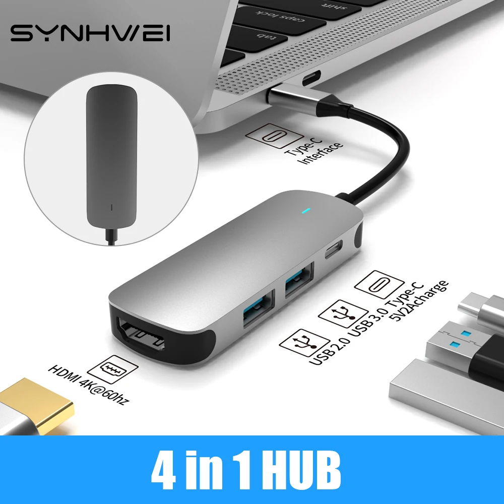

4 In 1 USB C HUB Type C Adapter to HDMI 4K 60HZ PD Charge USB 3.0 Splitter 4 Ports Docking Station For Laptop PC Accessories