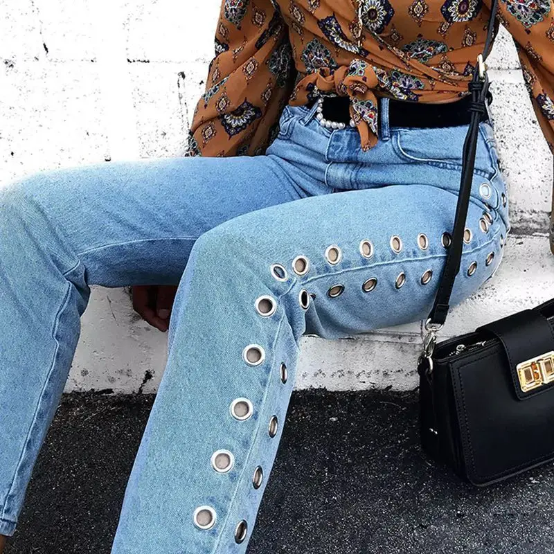 Эластичные женские джинсовые брюки для женщин свободные с вырезами карманами