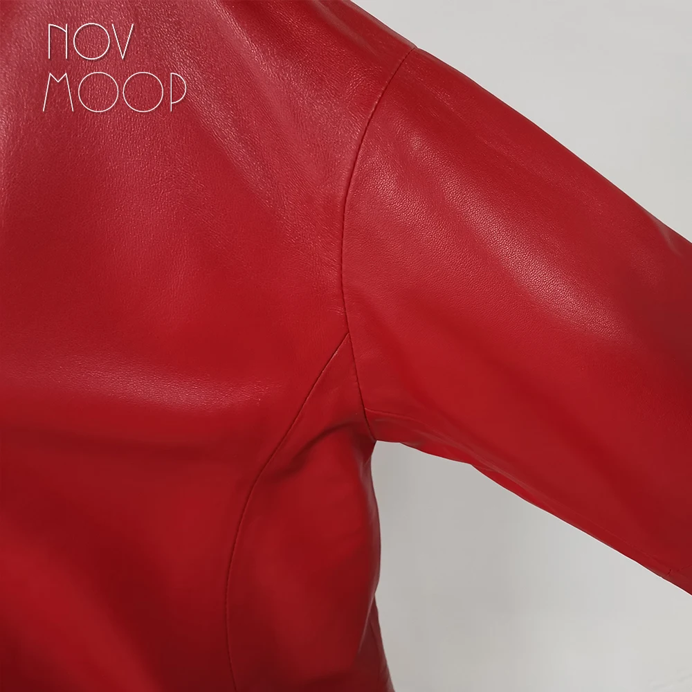 Novmoop Fashion red black color medium and long genuine leather women dress with pocket zipper decor kurtki damskie LT2809