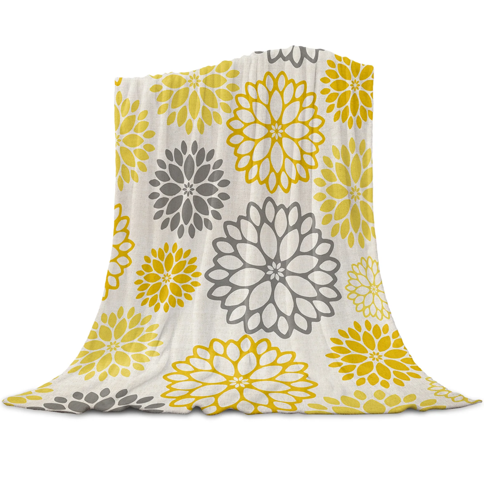 

Dahlia Yellow Gray Throw Blanket for Sofa Christmas Decoration Bedspread Portable Microfiber Flannel Blanket