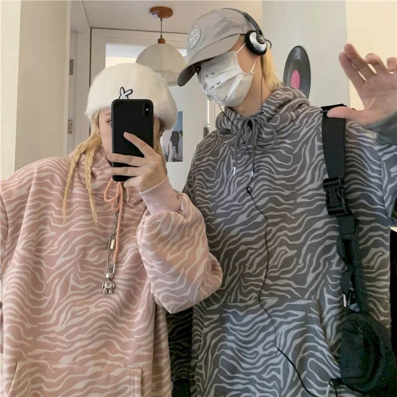 

Spring Autumn Harajuku Hoodies Women Jumpers Hooded Sweatshirt Printed Zebra Stripe Streetwear Unisex Pullovers Men's Clothing