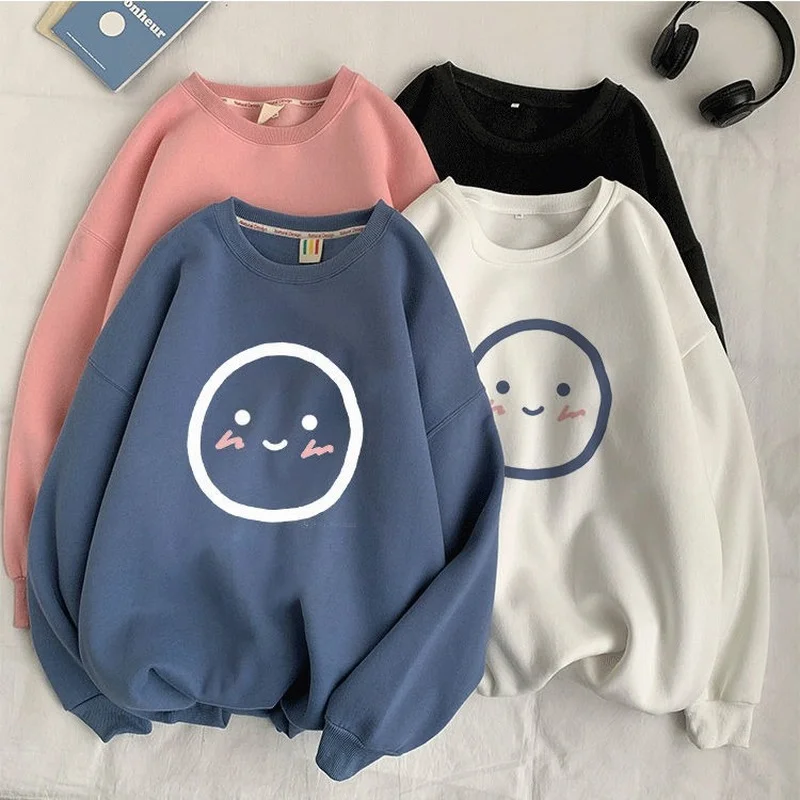 

Thicken Kawaii Hoodie Women 2022 Spring Fashion Smiley Print Pullover Long Sleeve Oversize Casual Loose Hoodies MINGLIUSILI
