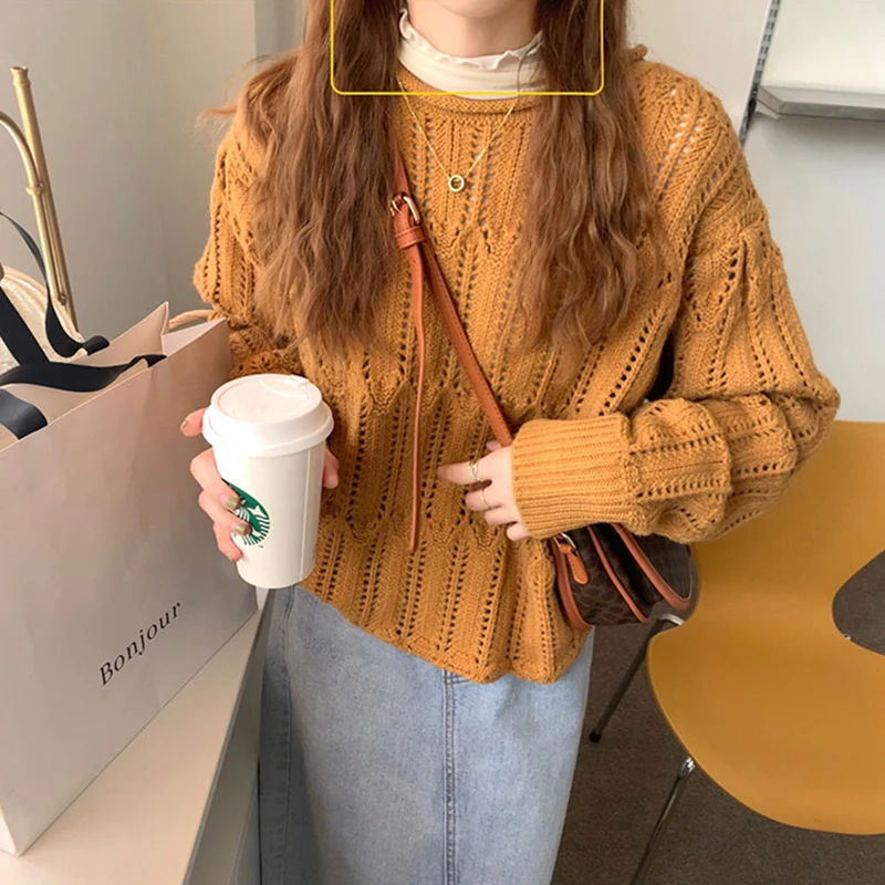 

Hollow Out Solid Vintage Pullovers Women Korean Loose Casual Winter Autumn Knitted Jumpers Long Sleeve Female Outwear Warm W151