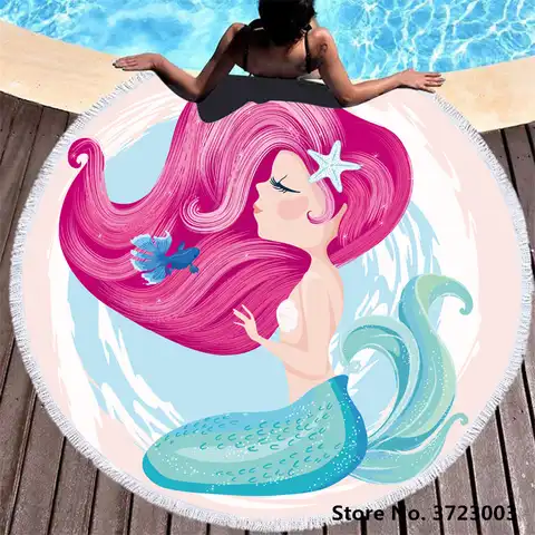 Летние круглые пляжные полотенца с мультяшным 3D розовым принтом русалки круглое банное полотенце для душа с ковриком для йоги одеяло Toalla ...