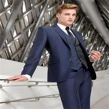 2021 New High-Quality Customized Peak Lapel Navy Blue Men's Suit Groom Wedding/Prom Best Man 3-Piece (Coat + Vest + Pants + Tie) (1)