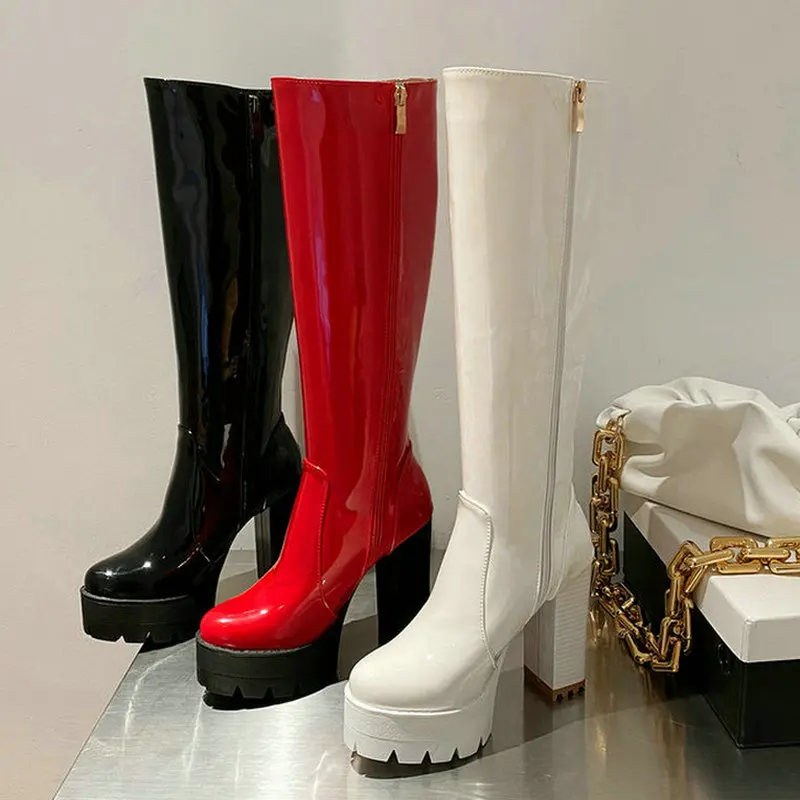 

Patent PU Leather Women Knee High Boots Platform Square High Heel Women Boots Zipper Ladies Winter Shoes Black Red White