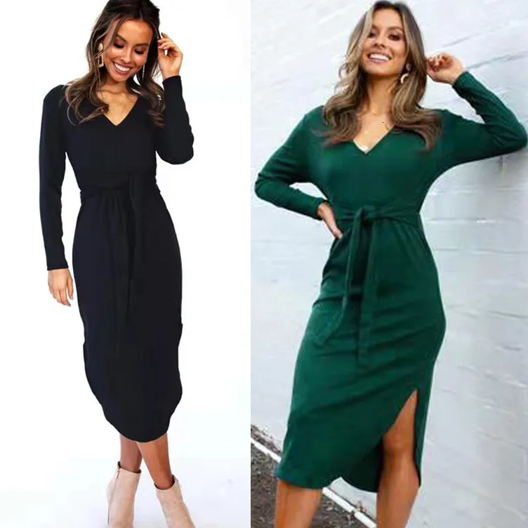 Офисное женское платье свитер с v образным вырезом и поясом Повседневное