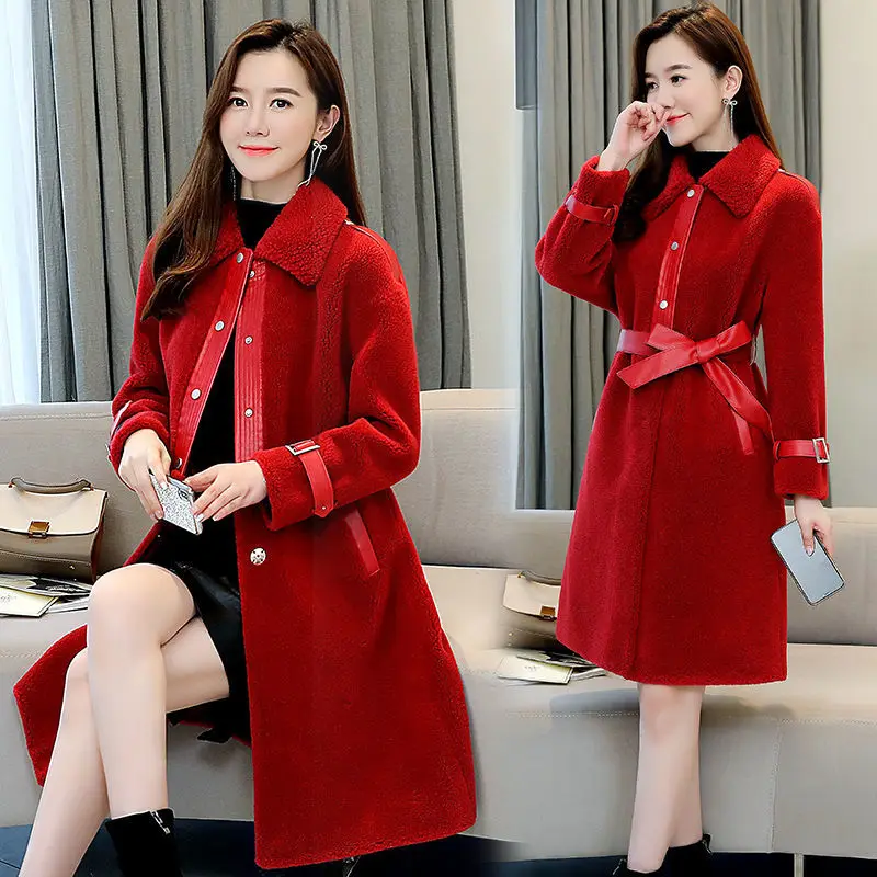 

2021 женский зимний Повседневный натуральный мех ягненка пальто женские ботфорты с отложным воротником шерстяное пальто с воротником шерстя...