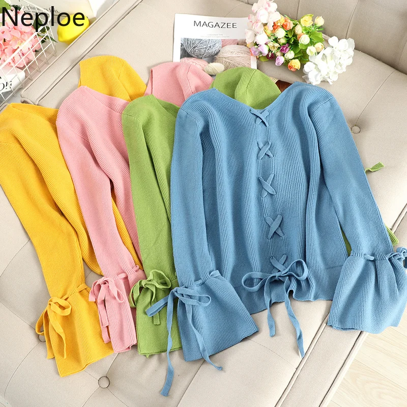 Женский трикотажный свитер Neploe однотонный пуловер с v-образным вырезом длинным