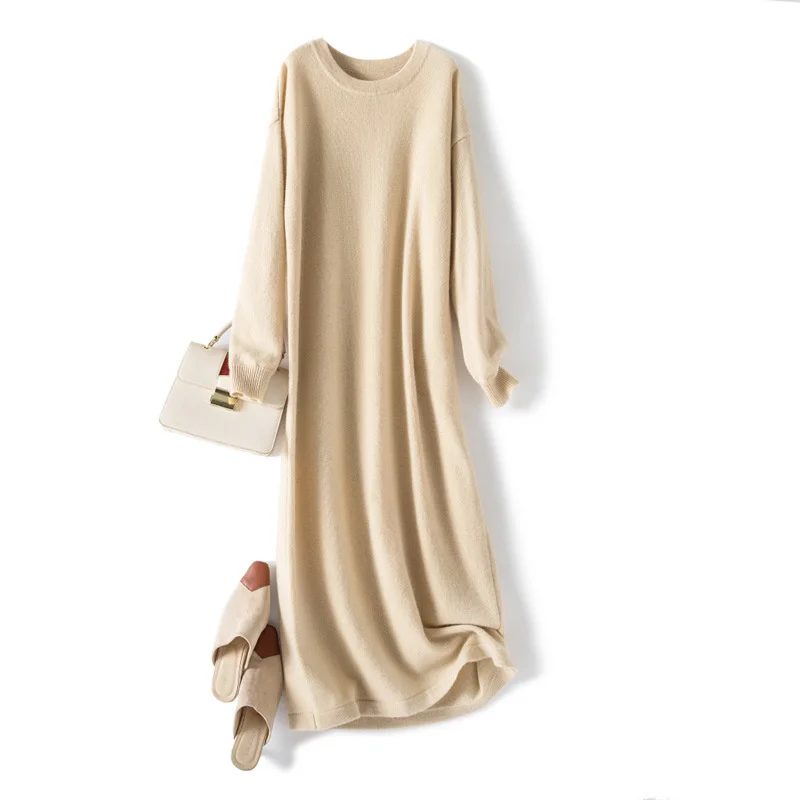 

2020 autumn winter thickened cashmere dress women's long cashmere sweater 100 pure cashmere long sleeve round neck long skirt