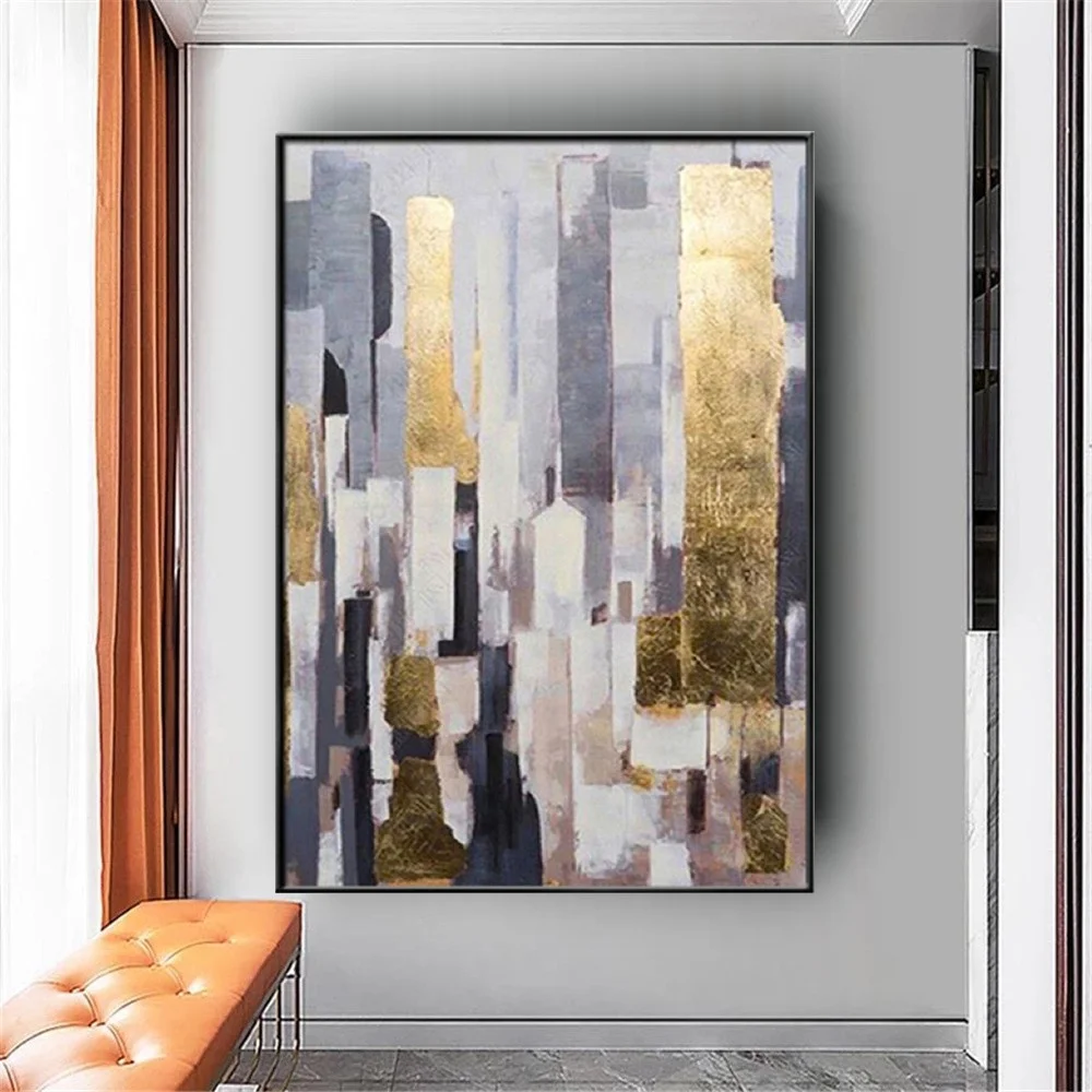

Gold foil line outline drawing wall art abstract city landscape canvas painting modern hand-painted oil painting home decoration