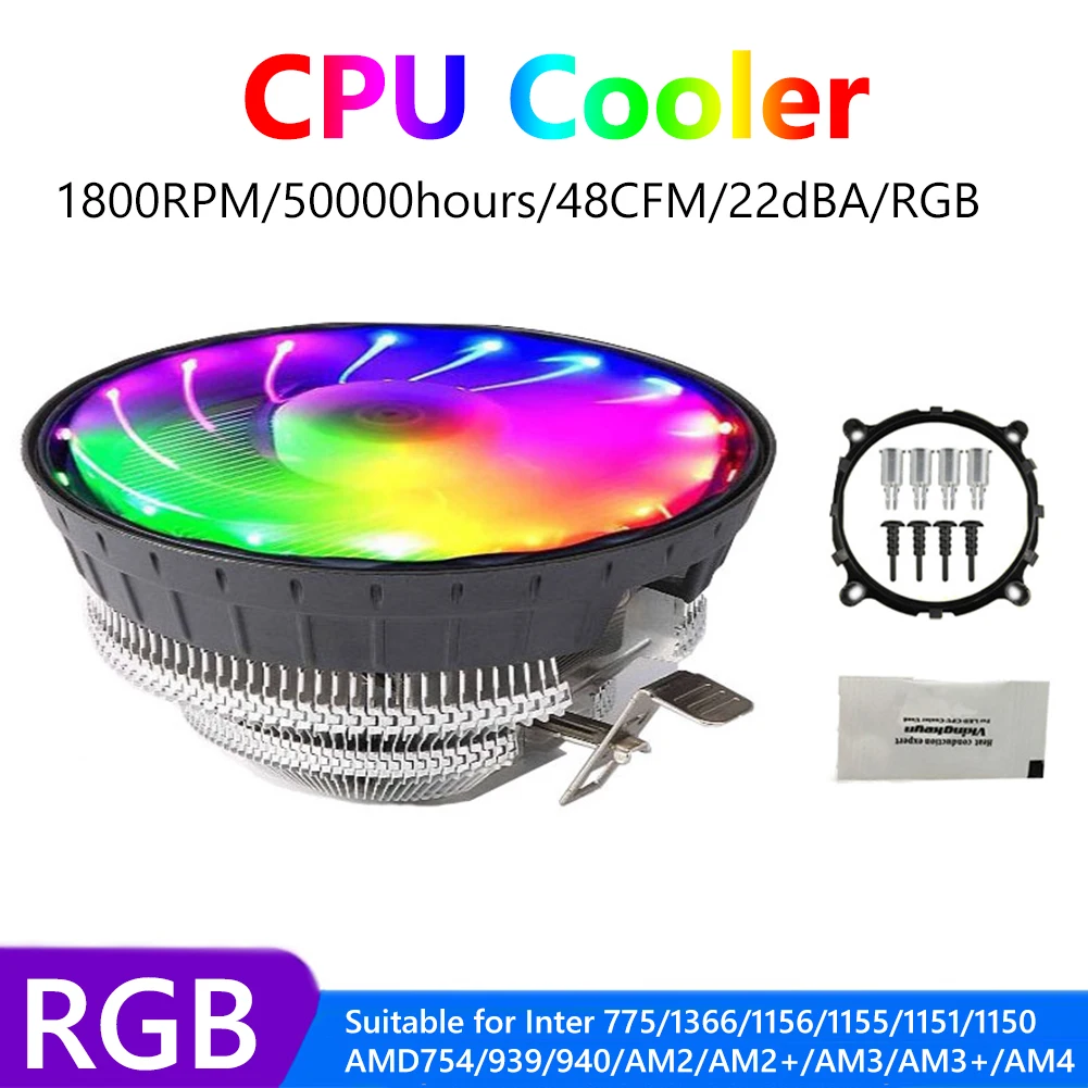 

Охлаждающий кулер для ЦП, вентилятор 3Pin 1800 об/мин, бесшумный радиатор с RGB подсветкой для Intel 775/1366/1156/1155/1151 AMD 1150, тихий вентилятор