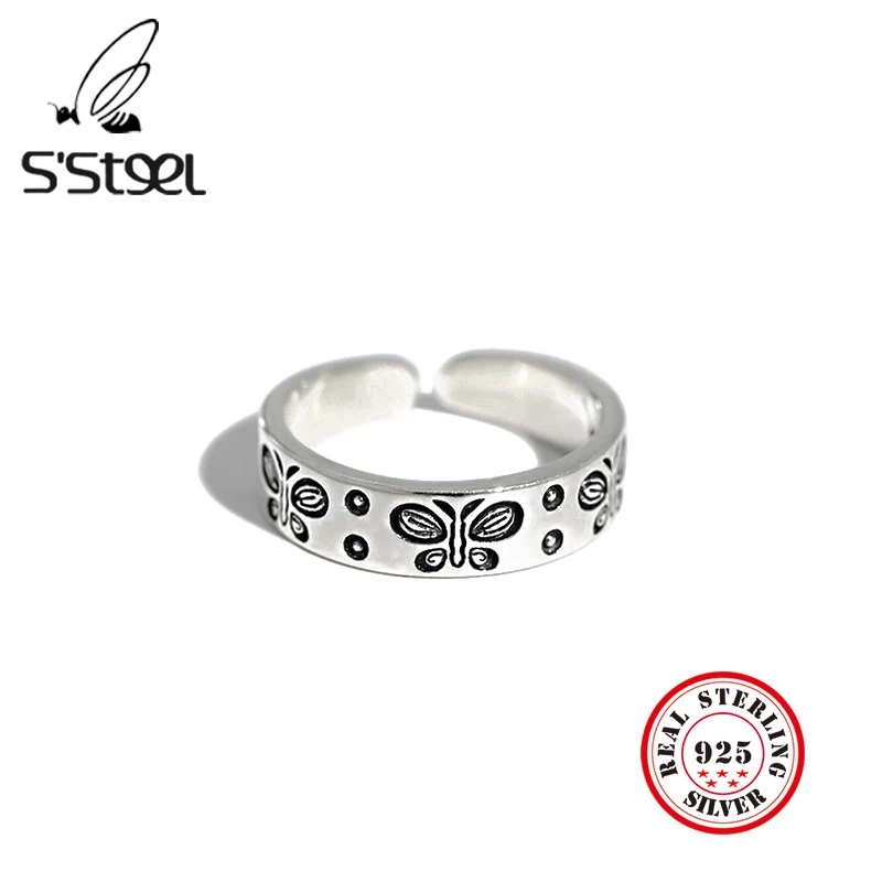 

S'STEEL Butterfly Rings Gift For Women 925 Sterling Silver Korean Vintage Personalized Opening Ring Anillos De Mujer Jewellery
