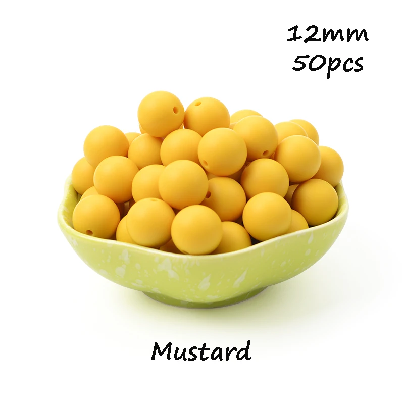 Mustard LOFCA, 12 мм, 50 шт./лот, бусины из пищевого силикона, Прорезыватель для зубов, круглые бусины, Детская жевательная для прорезывания зубов, Силиконовые Прорезыватели для самостоятельного изготовления - Цвет: Mustard