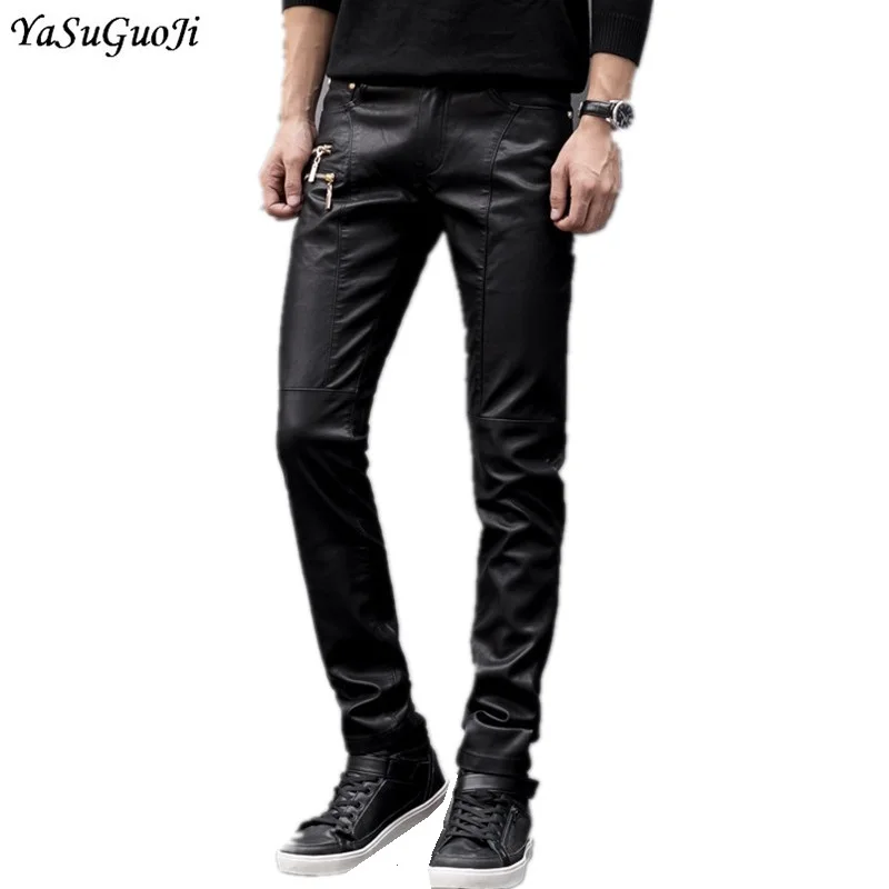 YASUGUOJI Hot Tide Black Leather Pants Men Pu Fashion Tight Jeans Hip Hop Pencil Trousers | Мужская одежда