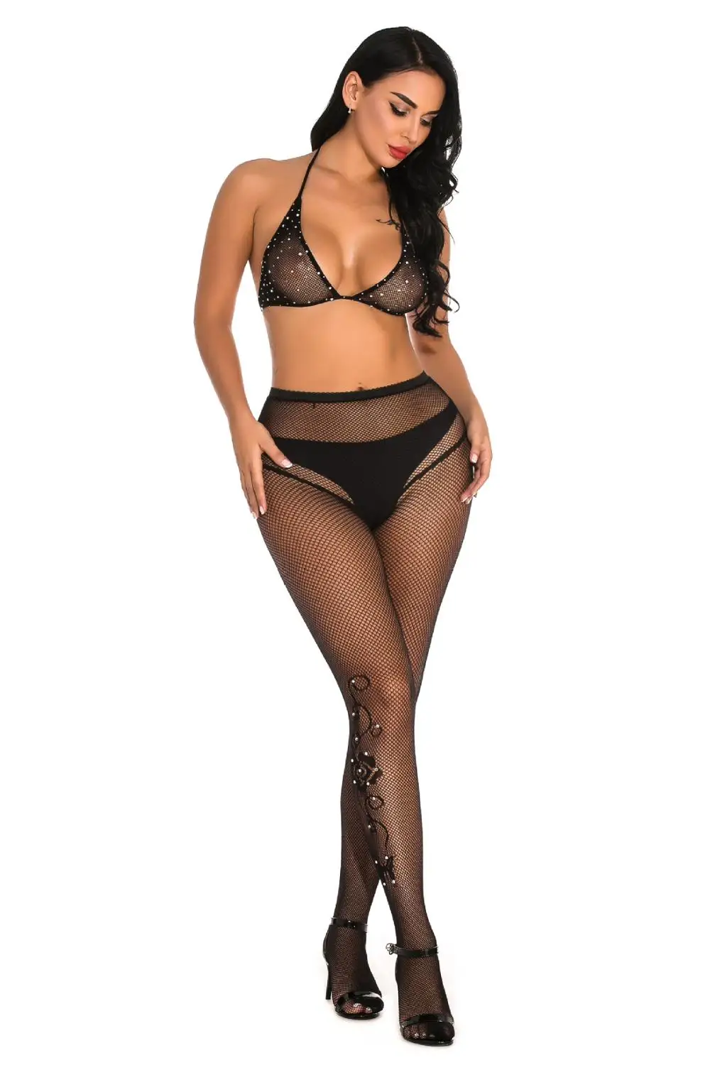 Блестящие сетчатые колготки со стразами 2 предмета прозрачные чулки +