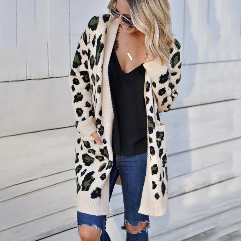 

Autumn Winter Womens Sweater Cardigans Leopard Pattern Long Sleeve Thick Sweater Overcoat with Pockets Office Lady Outwear Coats