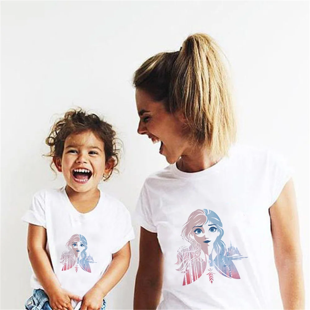 

Футболки с принтом «Холодное сердце», для всей семьи, летние, повседневные, белые, детские, футболки для девочек