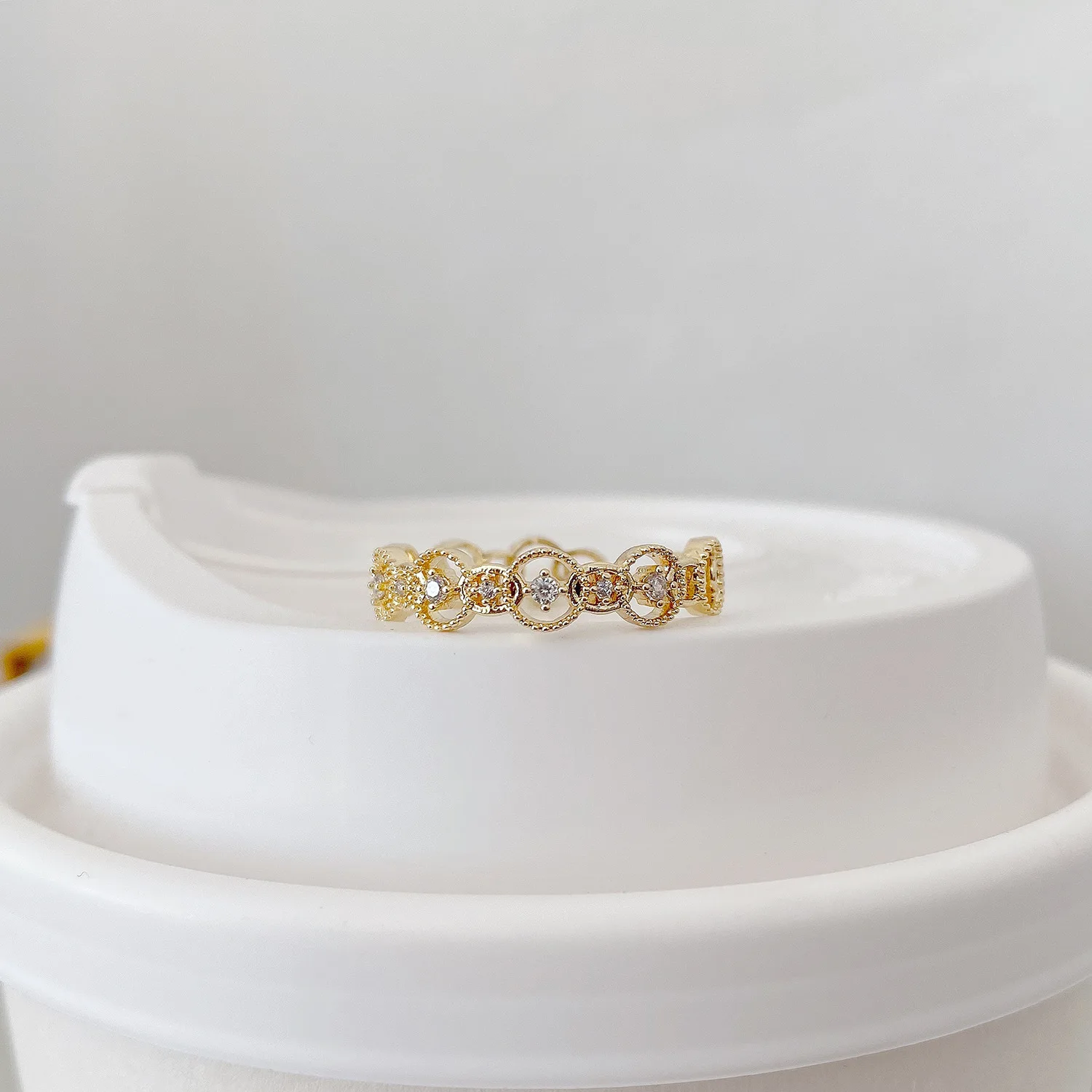 

High Quality 14K Real Gold Rhombus Geometric Hollowed Out Simple Zircon Temperament Open Design Ring for Women