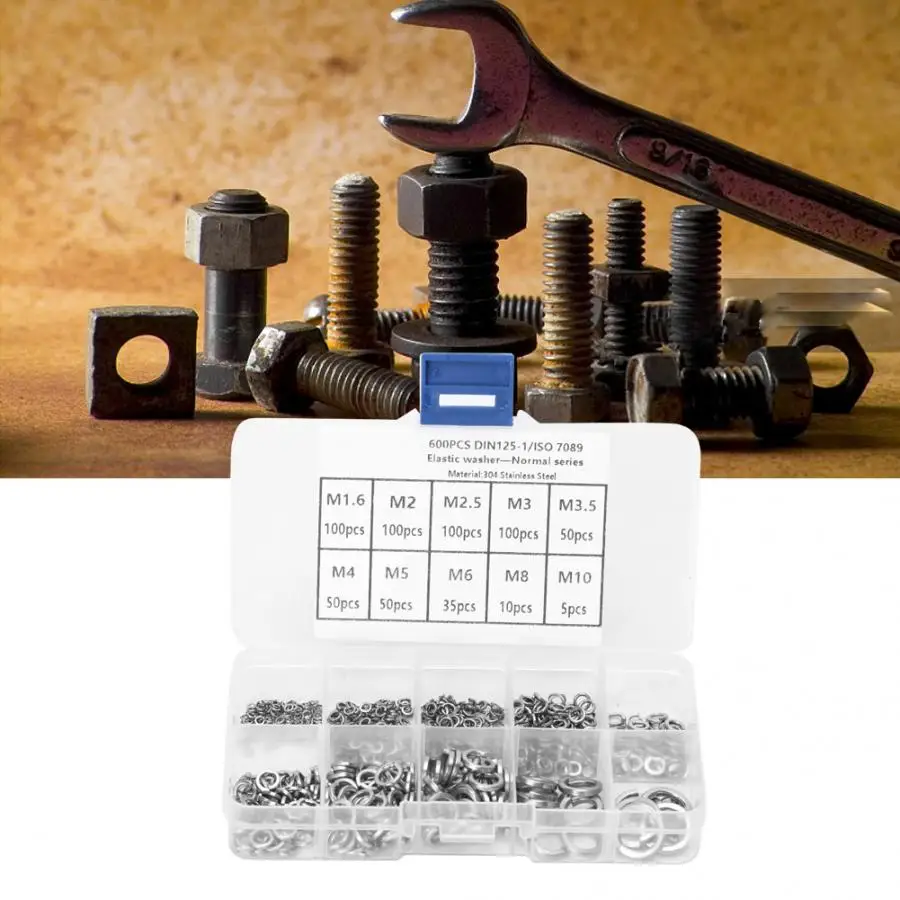 600Pcs Elastic Washers Stainless Steel Gaskets Spring Pad Assortment Kit M1.6 - M10 Fasteners Hardware Lock Tools | Обустройство дома