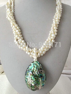 

4 ROW White Nugget Baroque Pearl Necklace Abalone Pendant 14KGP 18"