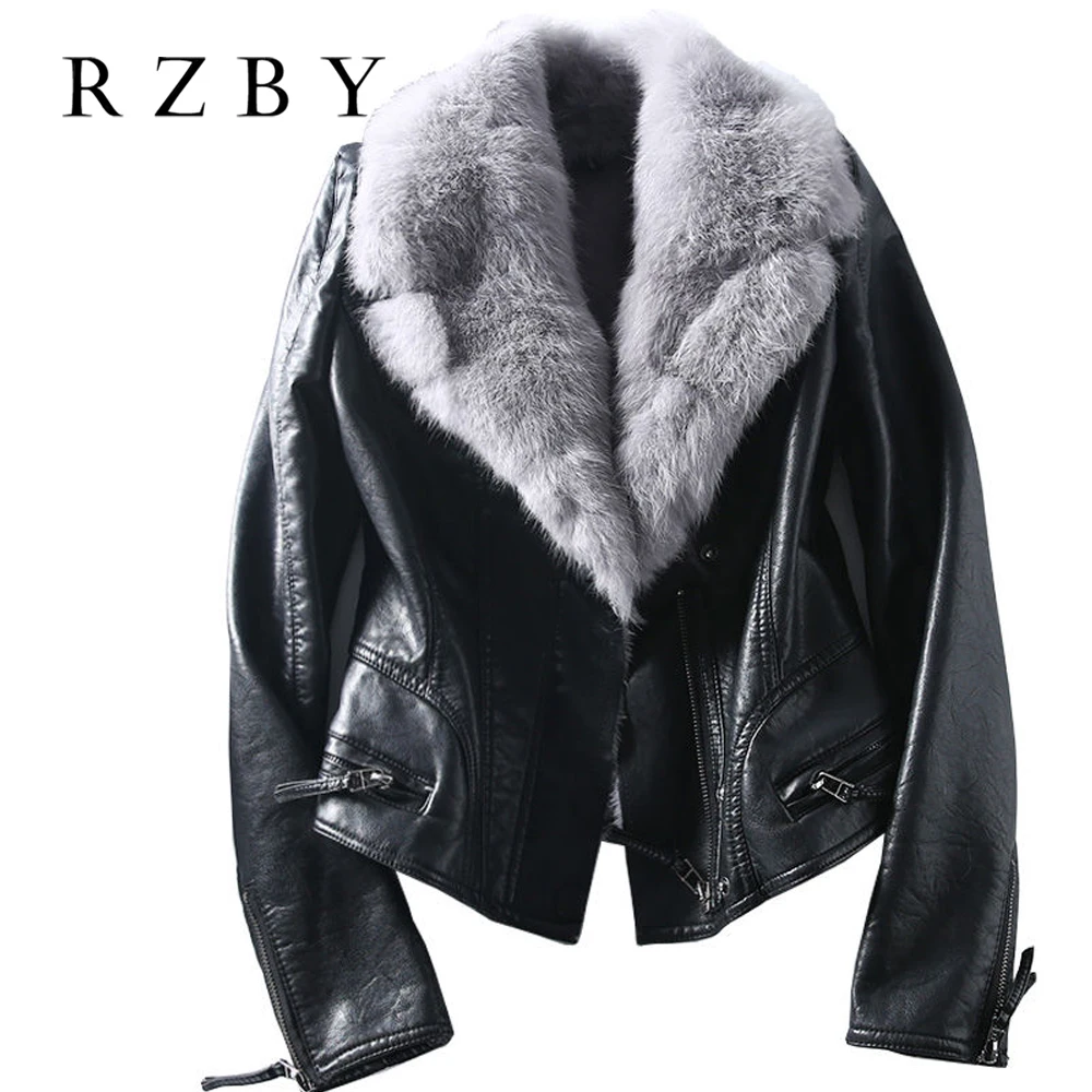 RZBY women Natural Rex rabbit fur collar short leather jacket velvet thick winter slim slimming motorcycle pu leather coat S-3XL