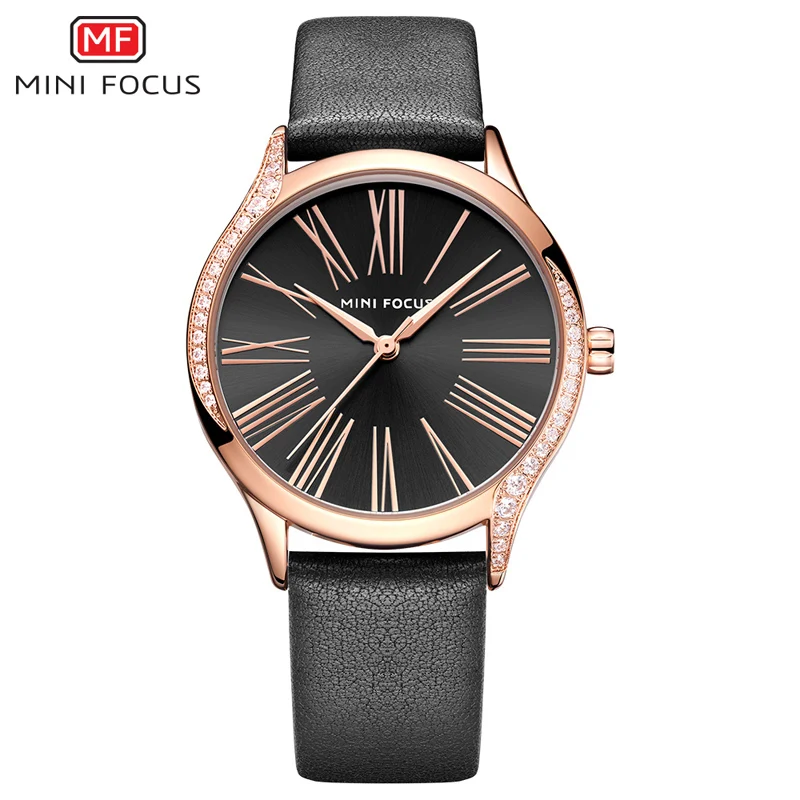 BLACK MINIFOCUS, классические, элегантные, синие, кожаные, женские часы, Iced Out, кварцевые, женские часы, водонепроницаемые, простой дизайн, модные, женские часы - Цвет: BLACK