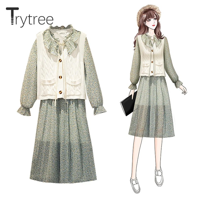 Зимние Повседневные женские комплекты из двух предметов Trytree 2020 свитер жилет и