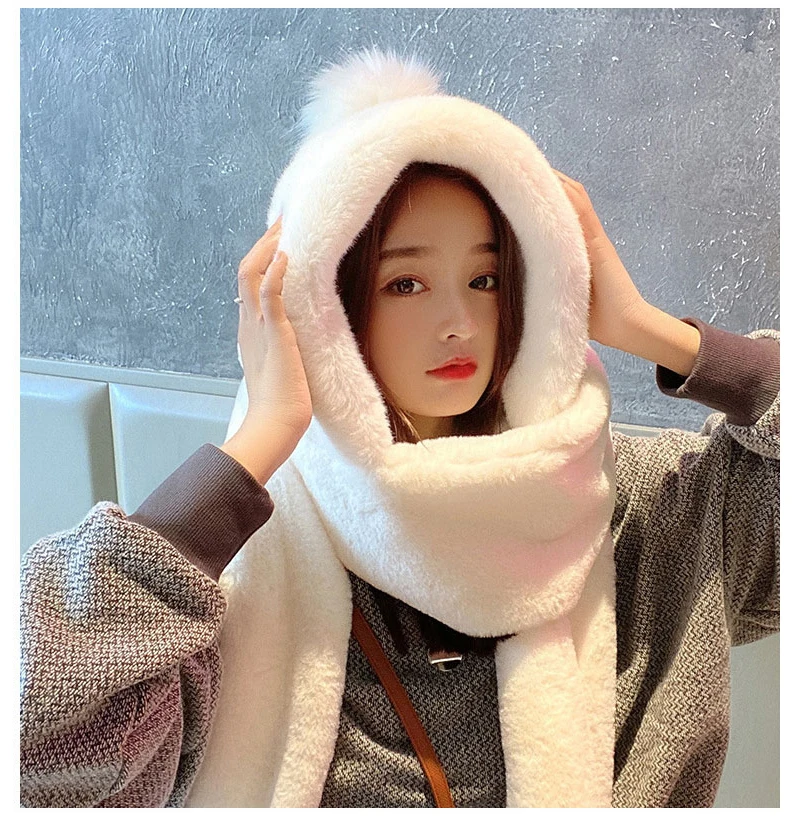 

Women Winter Cute Pom-pom Ball Hat Scarf Set White Velvet Warm Thick Shawl Scarves For Female Novelty Faux Fur Cap