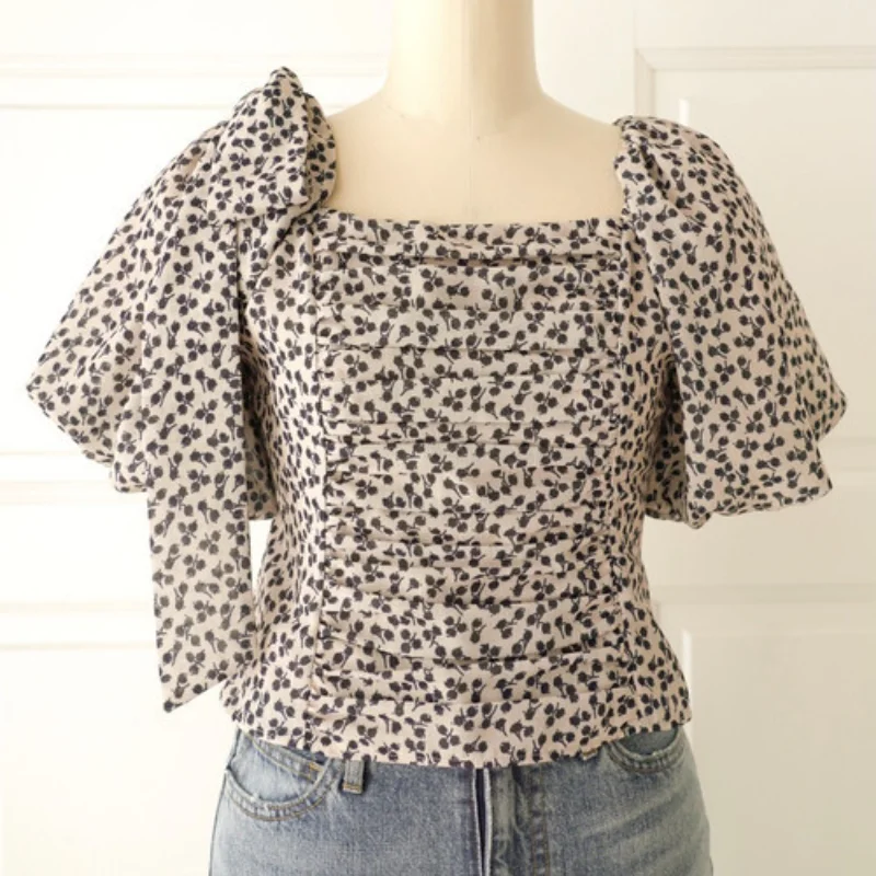 

Sweet Lace-up Bow Print Women Blouse Design Puff Short Sleeve Square Collar Blusas Mujer De Moda Japan Style Summer Crop Tops